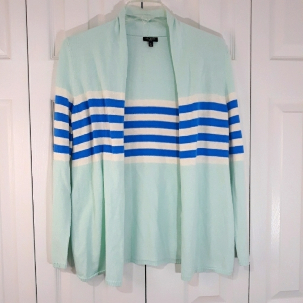 Talbots Knit Long-Sleeve Open Cardigan Green and Blue Sweater Size Small…